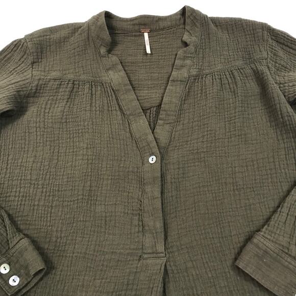 FREE PEOPLE Changing Horizons V Neck Top Sz S Olive Green Gauze Oversize Boho - Picture 7 of 11